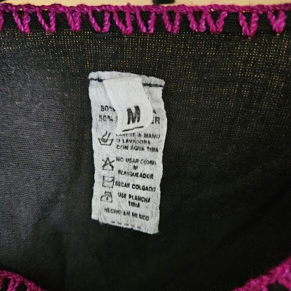 Made In Mexico Black w/ Heavy Colorful Floral Embroidered Mexican Dress Size M - Picture 9 of 11